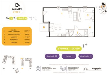 rzut mieszkanie na sprzedaż 60m2 mieszkanie Kraków, Prądnik Biały, Banacha 28-34