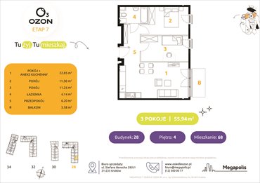 rzut mieszkanie na sprzedaż 56m2 mieszkanie Kraków, Prądnik Biały, Banacha 28-34