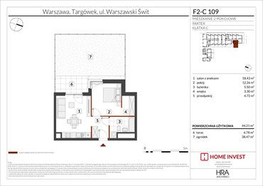 rzut mieszkanie na sprzedaż 44m2 mieszkanie Warszawa, ul. Warszawski Świt