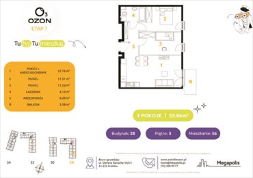rzut mieszkanie na sprzedaż 56m2 mieszkanie Kraków, Prądnik Biały, Banacha 28-34