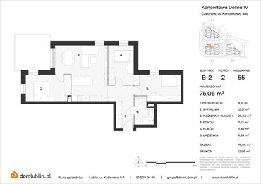rzut mieszkanie na sprzedaż 75m2 mieszkanie Lublin, Choiny, Koncertowa