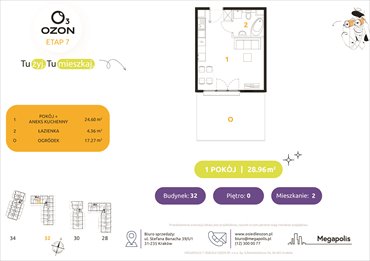 rzut mieszkanie na sprzedaż 29m2 mieszkanie Kraków, Prądnik Biały, Banacha 28-34