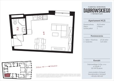 rzut mieszkanie na sprzedaż 31m2 mieszkanie Kraków, Stare Podgórze, Dąbrowskiego 16