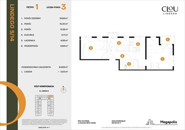 rzut mieszkanie na sprzedaż 65m2 mieszkanie Kraków, Lindego 5