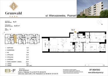 rzut mieszkanie na sprzedaż 66m2 mieszkanie Poznań, Grunwald, Wieruszowska 8
