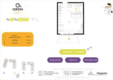 rzut mieszkanie na sprzedaż 29m2 mieszkanie Kraków, Prądnik Biały, Banacha 28-34