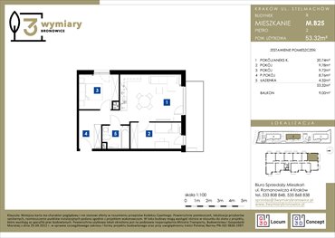rzut mieszkanie na sprzedaż 53m2 mieszkanie Kraków, Bronowice Wielkie, Stelmachów