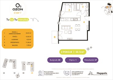rzut mieszkanie na sprzedaż 50m2 mieszkanie Kraków, Prądnik Biały, Banacha 28-34