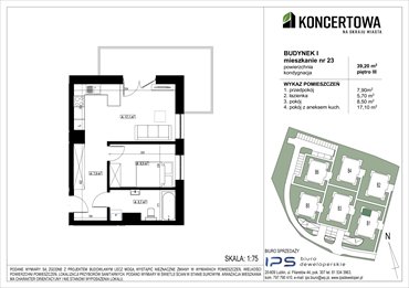 rzut mieszkanie na sprzedaż 39m2 mieszkanie Lublin, Czechów Północny, Koncertowa