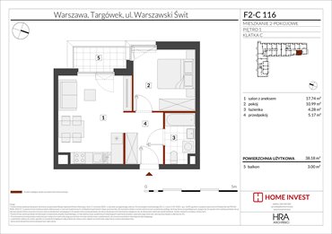 rzut mieszkanie na sprzedaż 38m2 mieszkanie Warszawa, ul. Warszawski Świt