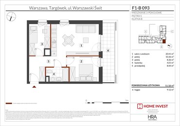 rzut mieszkanie na sprzedaż 52m2 mieszkanie Warszawa, ul. Warszawski Świt