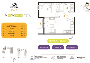 rzut mieszkanie na sprzedaż 35m2 mieszkanie Kraków, Prądnik Biały, Banacha 28-34