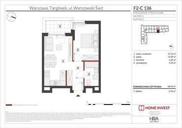 rzut mieszkanie na sprzedaż 39m2 mieszkanie Warszawa, ul. Warszawski Świt