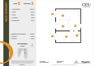 rzut mieszkanie na sprzedaż 59m2 mieszkanie Kraków, Lindego 5