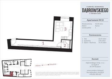 rzut mieszkanie na sprzedaż 31m2 mieszkanie Kraków, Stare Podgórze, Dąbrowskiego 16