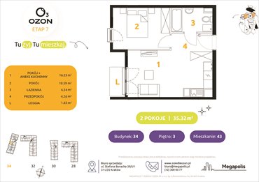 rzut mieszkanie na sprzedaż 35m2 mieszkanie Kraków, Prądnik Biały, Banacha 28-34