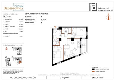 rzut mieszkanie na sprzedaż 58m2 mieszkanie Kraków, Bieżanów, Drożdżowa